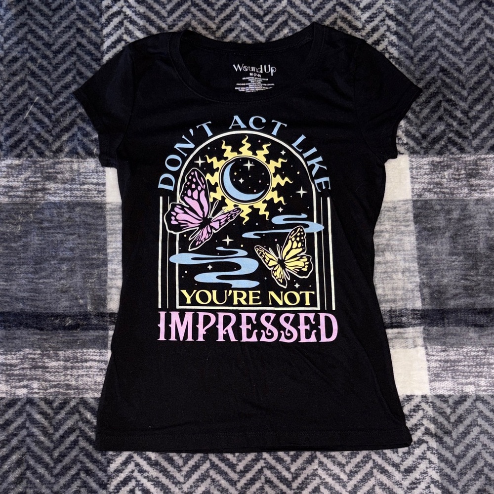 🦋Wound Up Black Tee with Colorful Butterfly Design - Picture 1 of 4